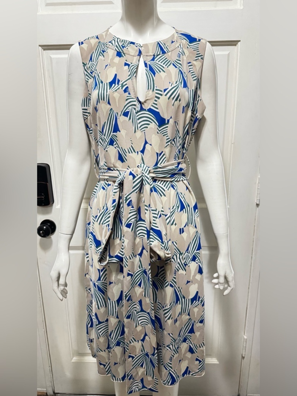 Tory Burch Blue & Beige Tulip Floral Maxi Dress with Self-Tie Waist Size Large